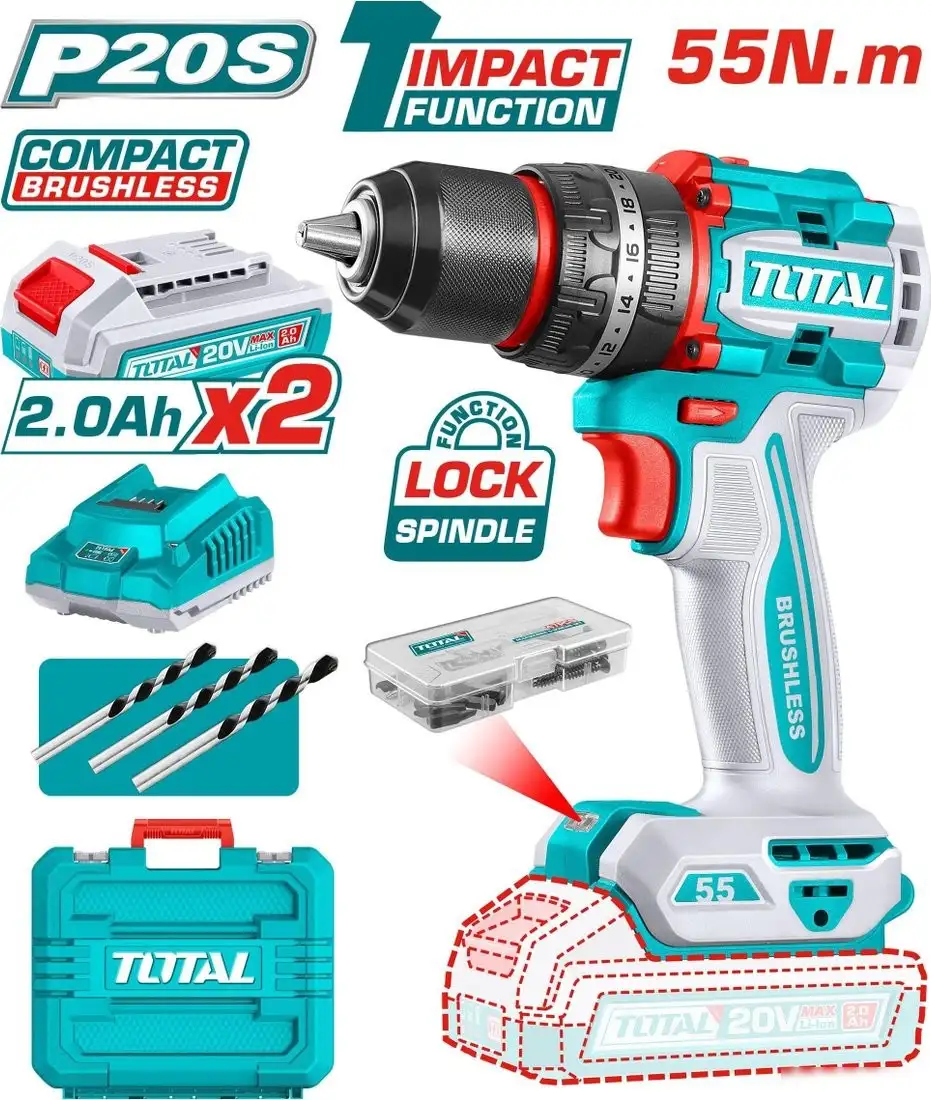 Ударная дрель-шуруповерт Total TIDLI20558 (с 2-мя АКБ, кейс) – фото товара