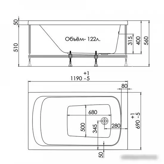 Ванна 1AcReal Gamma 120x70 - фото товара