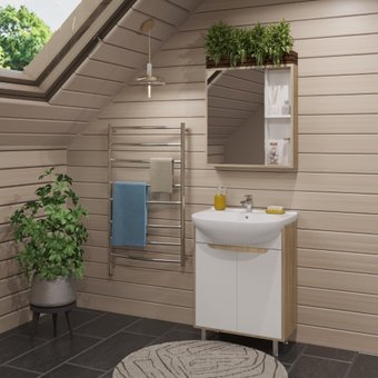 Runo Тумба с умывальником Runo Эко 60 + Уют 60 (напольная, белый/лиственница) – изображение в каталоге