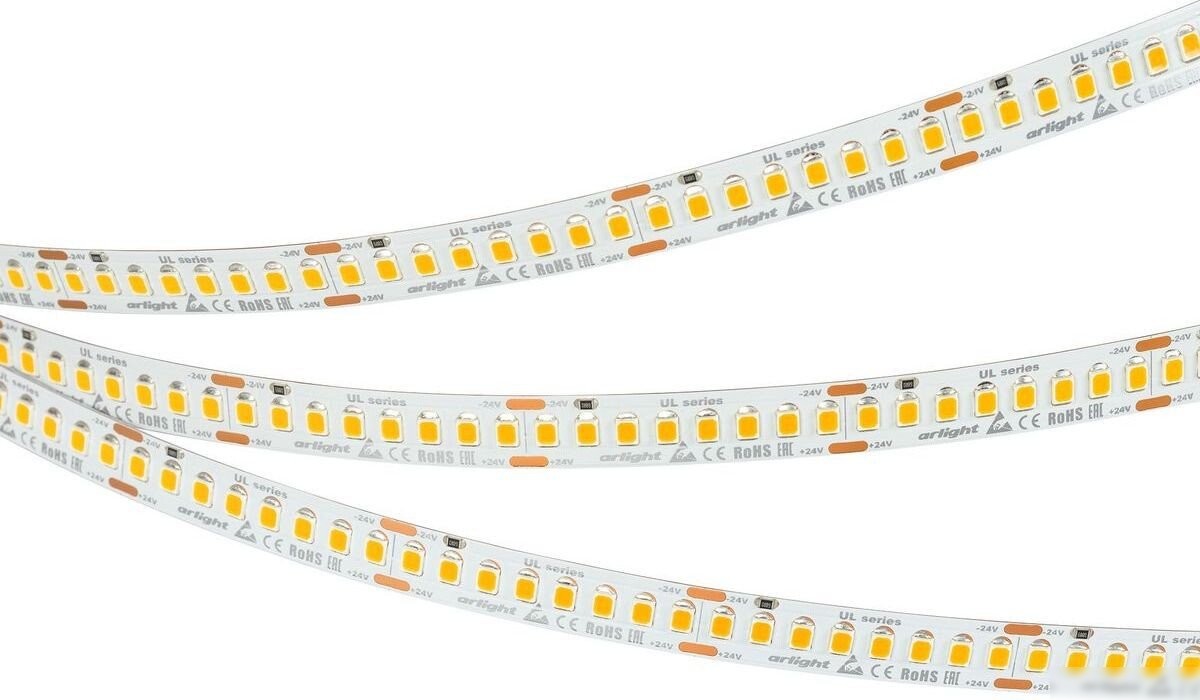 Светодиодная лента Arlight 20W/m 200Led/m 2835SMD теплый белый 5M UL-A200-10mm 24V Warm3500 037225 – фото товара