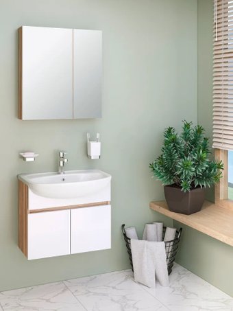 Runo Тумба с умывальником Runo Лада 60 + Уют 60 (подвесная, блэквуд/белый) – изображение в каталоге