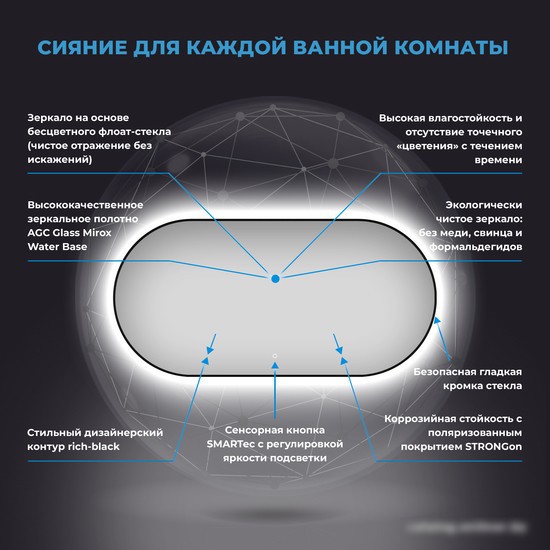 Wellsee Зеркало с фоновой LED-подсветкой 7 Rays' Spectrum 172201550, 100 х 55 см (с сенсором и регулировкой яркости освещения) – фото товара