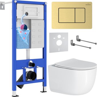 Унитаз подвесной Roxen Vortex в комплекте с инсталляцией StounFix Dual Fresh 6 в 1 968483 (кнопка: брашированное золото) - изображение в каталоге