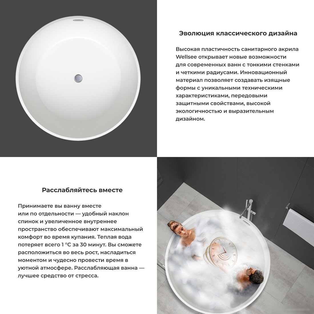 Ванна Wellsee Crepe de France 130x130 236701003 (отдельностоящая ванна белый глянец, экран, ножки, сифон-автомат матовый черный) - фото товара