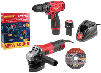 Wortex 1329386 (болгарка, шуруповерт, 2 АКБ) – изображение в каталоге