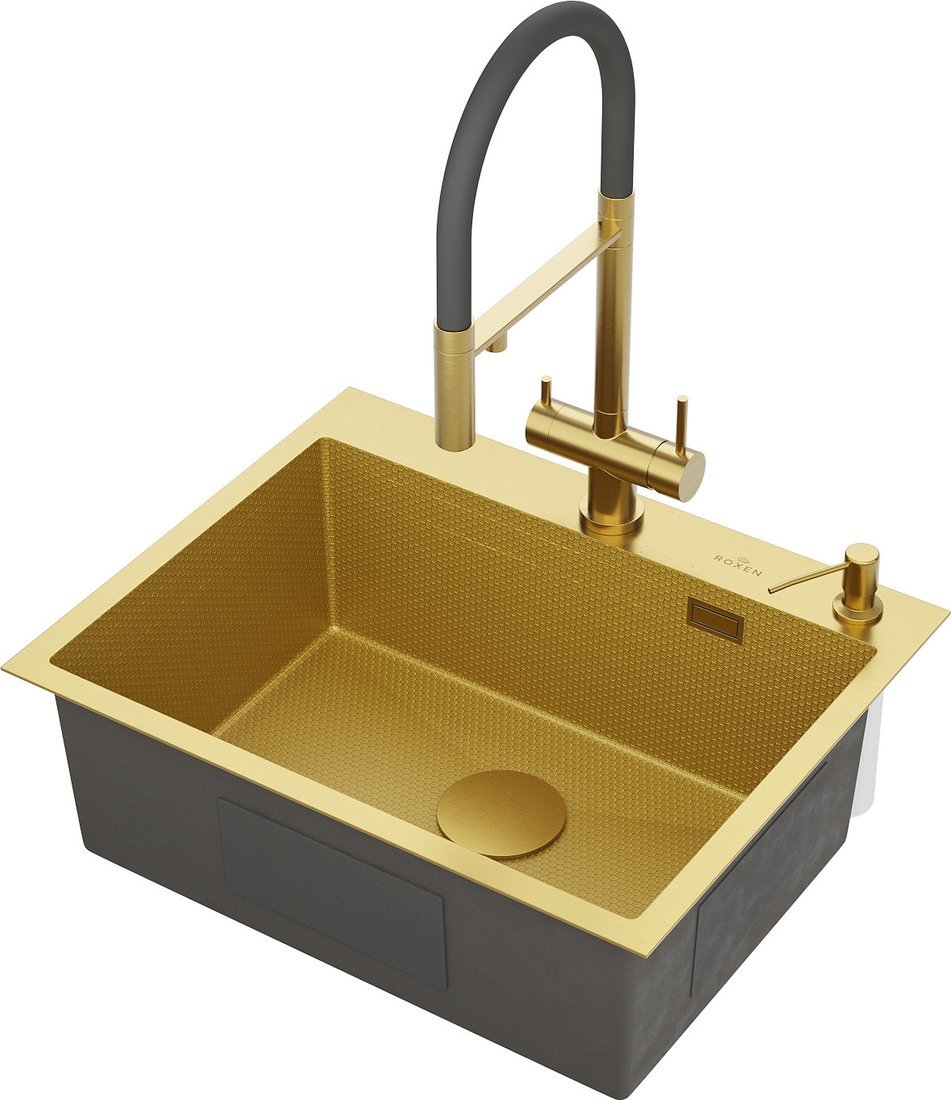 Кухонная мойка Roxen Snake 560220-60-GS PVD Gold золотая/текстурная (с коландером и дозатором) - фото товара