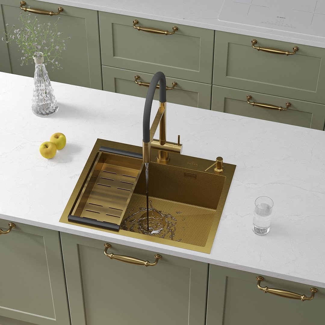 Кухонная мойка Roxen Snake 560220-60-GS PVD Gold золотая/текстурная (с коландером и дозатором) - фото товара
