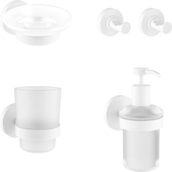 Набор аксессуаров для ванной Wellsee Finishing Touch 182515002 (мыльница, стакан для зубных щеток, дозатор для жидкого мыла, крючок 2 шт, матовый белый) – изображение в каталоге