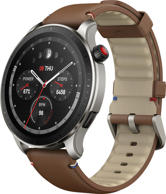 Умные часы Amazfit GTR 4 (серебристый, с коричневым кожаным ремешком)