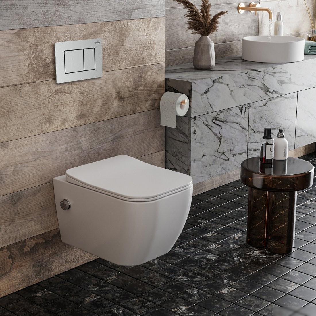 Унитаз подвесной Roxen Cube bidet в комплекте с инсталляцией StounFix Dual Fresh 6 в 1 968439 (кнопка: сатин) - фото товара