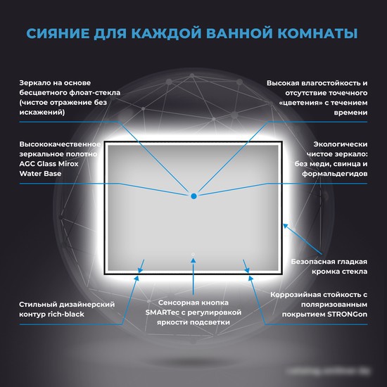 Wellsee Зеркало с фронтальной LED-подсветкой 7 Rays' Spectrum 172201410, 120 х 80 см (с сенсором и регулировкой яркости освещения) – фото товара